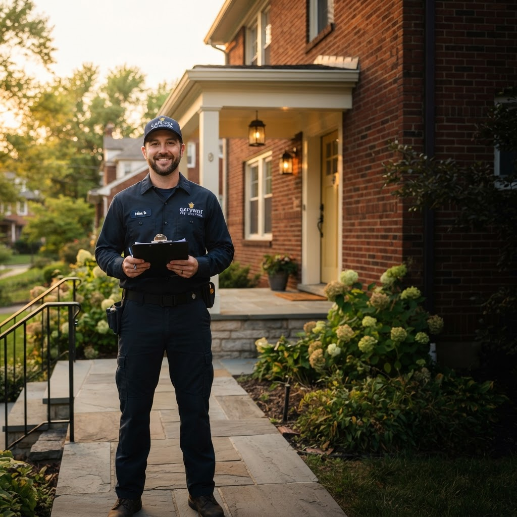 Friendly local pest control professional in front of a Pittsburgh home